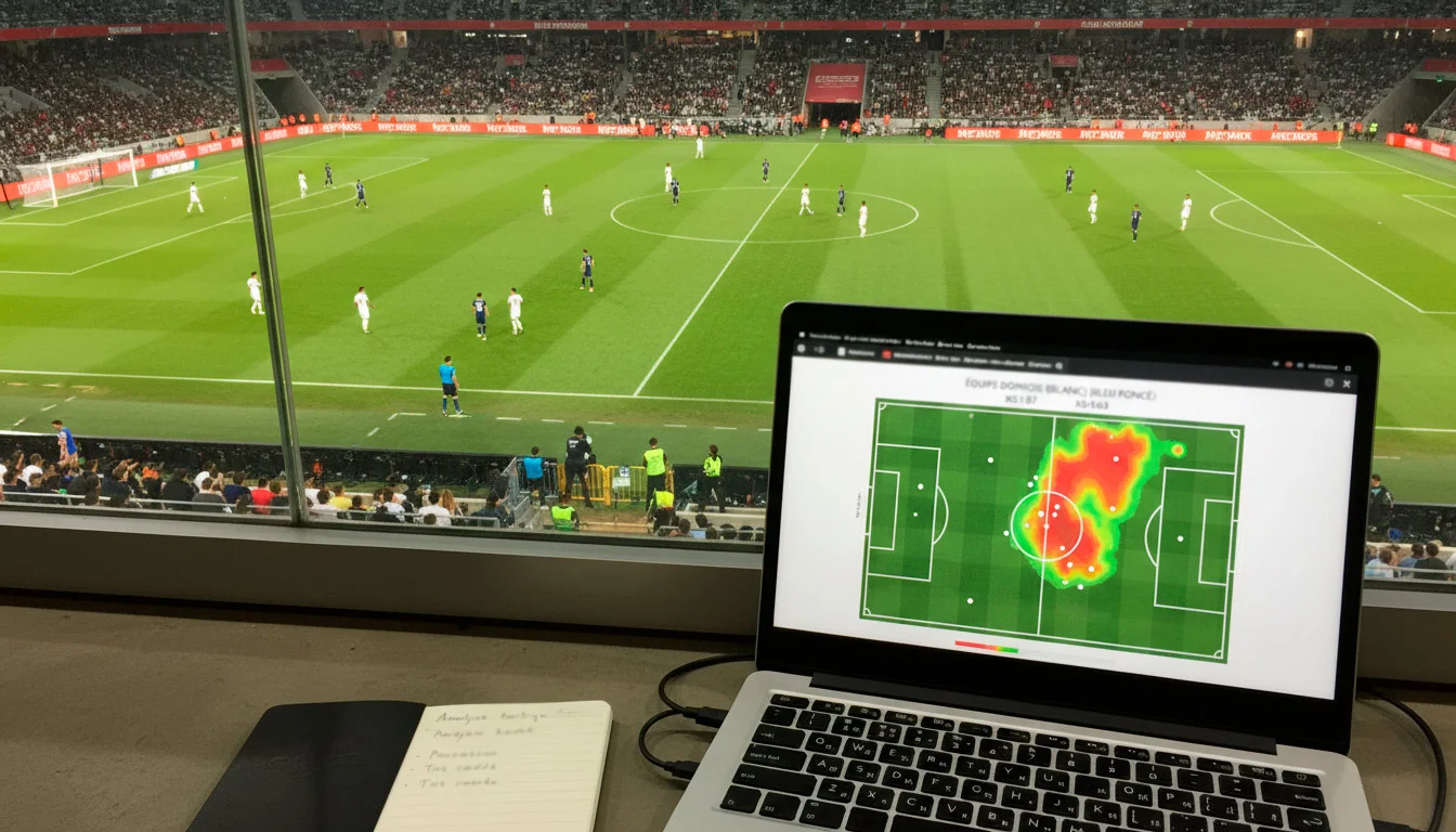 Vue plongeante sur un terrain de football avec lignes tactiques et données xG affichées