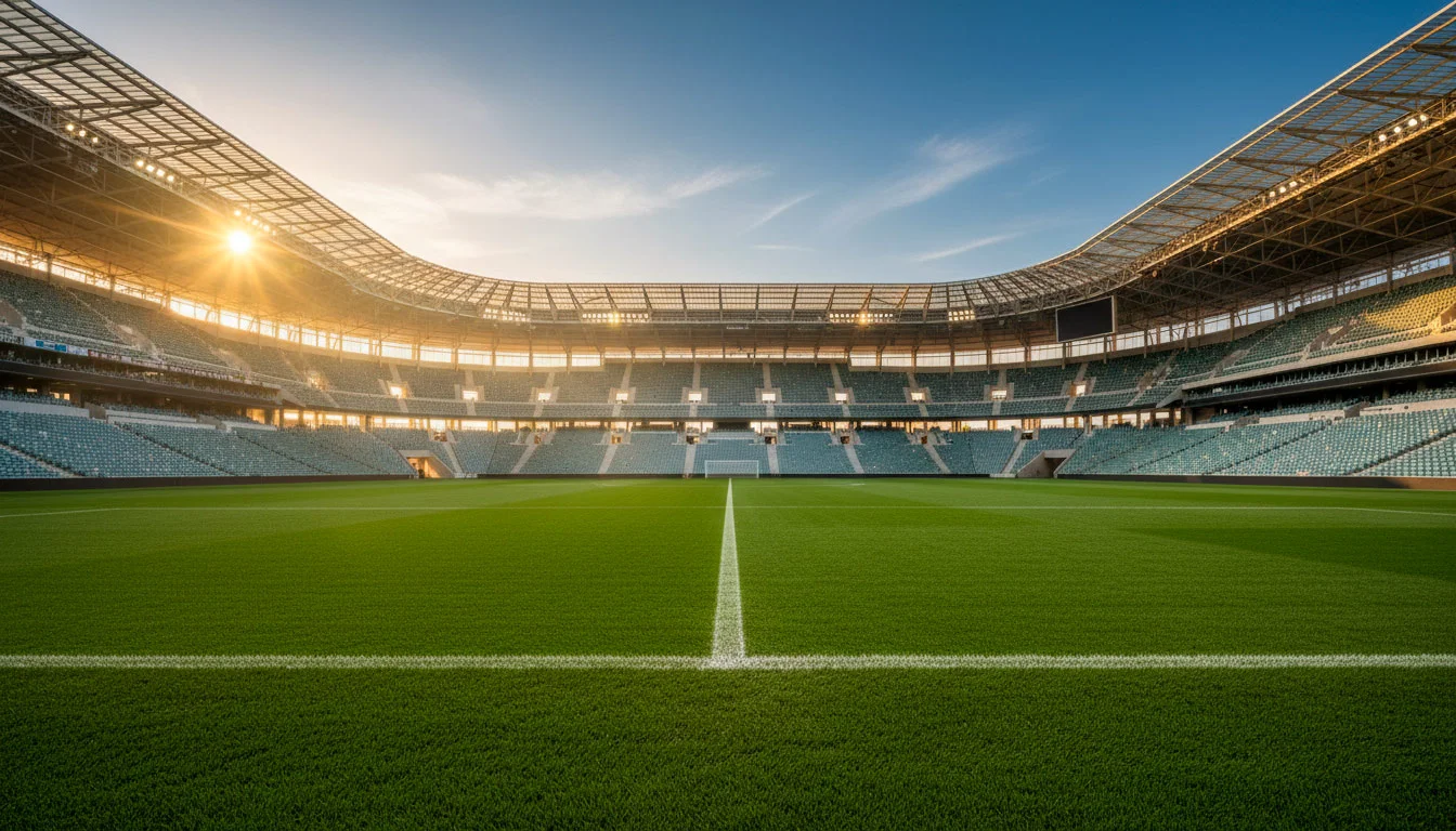 Guide conseils paris sportifs : stade de football sous les projecteurs avec terrain en gazon vert