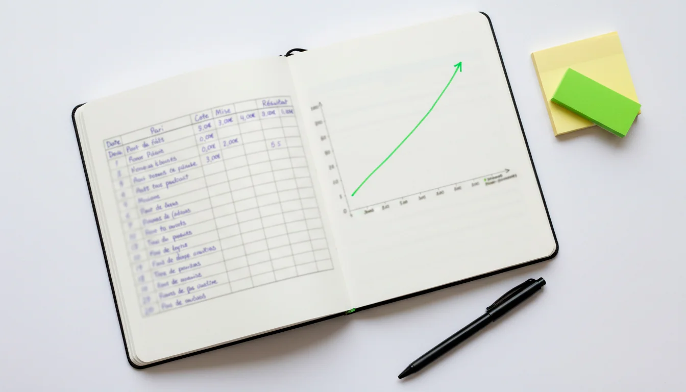 Carnet de suivi de paris sportifs ouvert avec stylo sur un bureau en bois