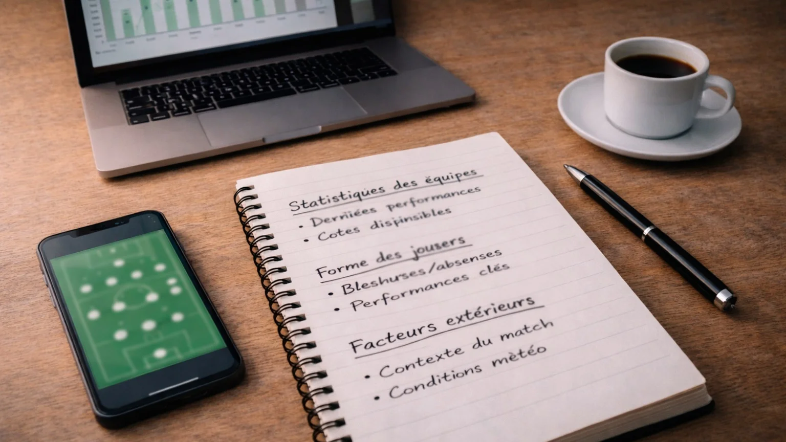 Parieur sportif analysant des statistiques de football sur un carnet et un écran
