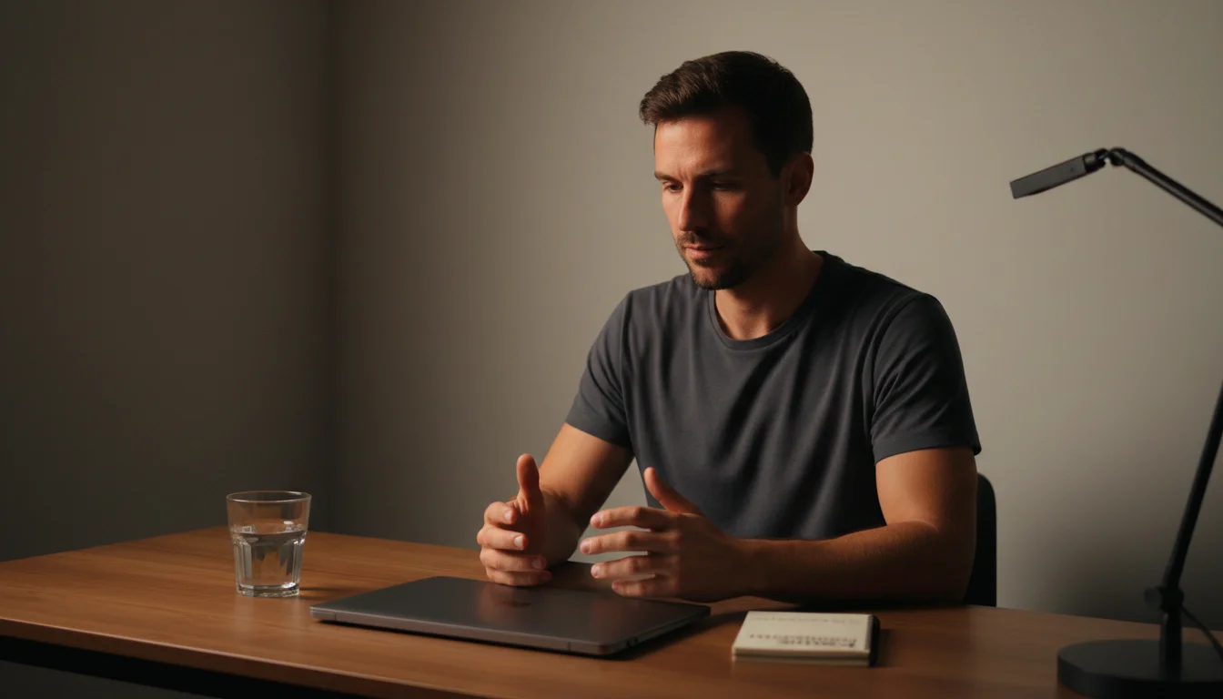 Homme concentré devant un écran de paris sportifs avec les mains posées à plat sur le bureau