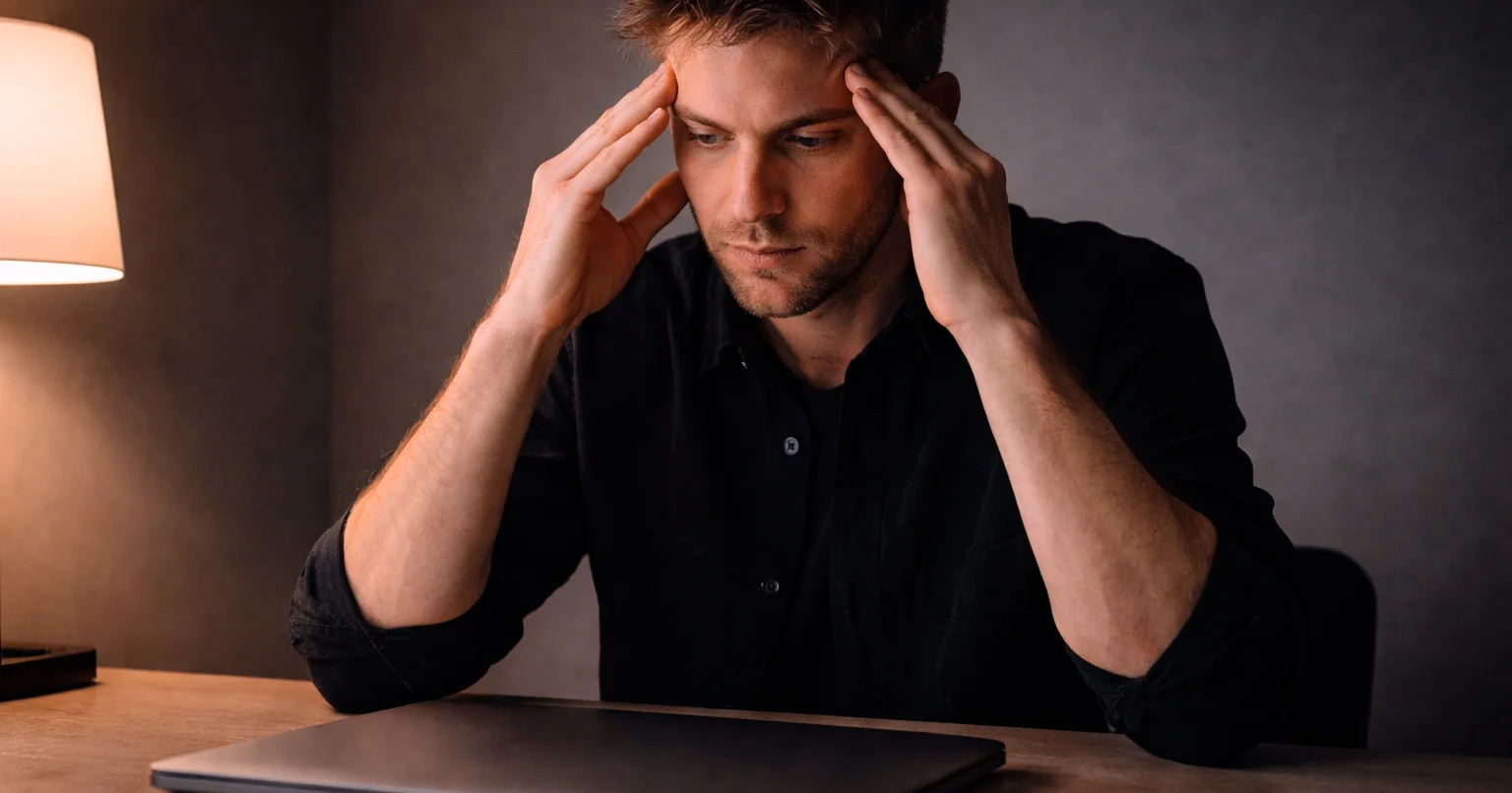 Psychologie du parieur — homme concentré devant un écran de paris, mains sur les tempes